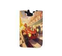 Giocoso Cartoon Race Car con Fiamme cesti portabiancheria, cestini pieghevoli e impermeabili per scaffali con maniglia robusta per giocattoli scrivania 51L stoarge