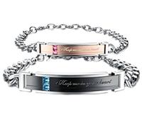 Gioielli, Bracciale per Coppia con Incisione: Keep Me in Your Heart, Acciaio Inossidabile con zirconi, Argento Schwarz Rose Gold