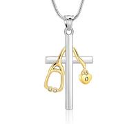 Gioielli con ciondolo a forma di cenere - Collana a croce medica in acciaio inox con stetoscopio e memoria iniziale personalizzabile a forma di cuore, per infermieri, medici, eroi sanitari, Acciaio