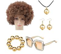 Gioielli da donna a disco anni '70 e '70. Set di accessori disco da donna | Costume da rapper Bling Disco Ball Accessori 5 pezzi,Collana, Parrucca Afro, Orecchini, Bracciale per Uomo M