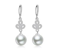 Gioielli da donna, orecchini con zirconi, pendenti in argento, quadrifoglio con perla bianca, per gioielli di compleanno, Kupferklee mit weißer Perle, rund, Rame, Zirconia cubica