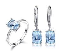 Gioielli da sposa per damigelle d'onore in argento Sterling, set di gioielli in argento per adolescenti rettangolo orecchino e anello set di gioielli da donna, Topazio blu