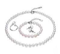 Gioielli in Argento Sterling 925 per Donna Set di Gioielli con Perle d'Acqua Dolce Collana/Bracciale/Anello/Orecchini A Bottone