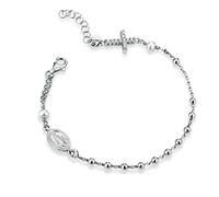 gioiellitaly Bracciale rosario Argento 925 con zirconi pietre bianche sulla croce e perline bianche modello unisex uomo donna