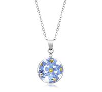 Gioiello con fiore naturale rotondo e ciondolo sferico realizzato con Real Forget Me Nots Set in resina, con raccordi in argento Sterling e catena.