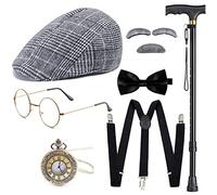 Gionforsy Set di accessori per costume anni '20, per uomo anni '20, accessori per gangster, con cappello, occhiali, bretelle, papillon, orologio da tasca, barba, per feste di Halloween, carnevale