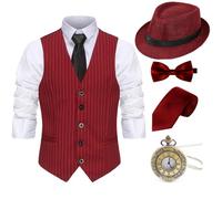 Gionforsy, set di accessori per costume da gangster anni '20 da uomo, con cappello, bretelle e papillon (cappello Panama a righe bordeaux, taglia media)