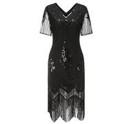 Gionforsy Vestito da donna anni '20, con paillettes, maniche corte, anni '20, costume da fiocco, per feste di Halloween, Carnevale, Nero , M