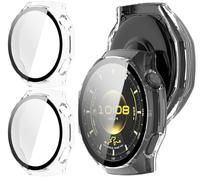 GIOPUEY Cover Compatibile con Huawei Watch GT 6 PRO 46mm, [2 Pezzi] Pellicola Protettiva Vetro + Cornice in Plastica Rigida Custodia - Transparent+Transparent