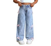 Giornaliero Cerniera Vita Dritto Tinta Unita Pantaloni Casual Pantaloni Allentati Jeans Pantaloni Soffio, Blu, 6-7 Jahre