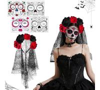 Giorno dei Morti Rose Cerchietto, Velo Della Morte Cerchietto di Halloween e 4 Tatuaggi Viso Temporanei, Giorno dei Morti Velo per Halloween, per Carnevale, Feste Cosplay Costume
