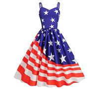 Giorno dell'Indipendenza Femminile Estate Sexy Bandiera Americana Vintage Grande Vestito Swing Elegante Glitter, Blu, L