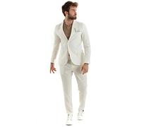 Giosal Outfit Uomo Abito Completo Lino Giacca Monopetto Pantalone Classico Tinta Unita Taschino a Pochette (46, Bianco)