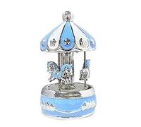 Giostra Musicale Decorativa in Ceramica con LED, Carosello Argentato e Celeste, 17 cm di Altezza