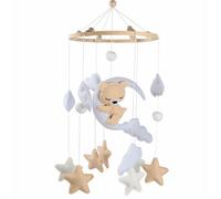 Giostrina Culla Neonato in Legno e Feltro - Orso Dormiente, Luna, Stelle e Nuvole, Mobile Montessori per Lettino, Giocattolo Sensoriale, Decorazione Cameretta, Regalo Nascita Unisex (Beige)