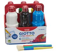 GIOTTO Extra Quality - Confezione da 6 Flaconi di Tempere Pronta + 3 Pennelloni, 500ml, 6 Colori Assortiti