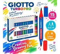GIOTTO, set di 15 pennarelli a doppia punta, con punta fine e punta larga, ideali per colorare, disegnare, scrivere e realizzare progetti creativi fai-da-te, perfetti per la scuola, la casa e le