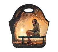 Giovane donna seduta sui parchi pittura borsa per il pranzo per donne uomini borse riutilizzabili pranzo tote isolato scatola pranzo grande capacità lunchbox cooler contenitore per il pranzo per il