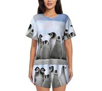 Giovani pinguini con stampa neve pigiama da donna in due pezzi,Pigiama estivo a maniche corte con scollo rotondo,Abbigliamento casual per la casa, Nero , S