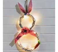 Giove a Forma di Coniglietto di Pasqua con luci Cerchio di Rattan per Ornamenti di Pasqua-48x25 cm, Decorazione da Parete, Decorazione di Pasqua con Uova di Pasqua per Porta d'ingresso (Blu)