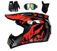 Gioventù Bambini Casco da Motocross, Integrale Fuori Strada MX Moto Casco ATV Scooter Casco, Discesa Enduro BMX MTB Dirt Bike Incidente Casco, con Occhiali Guanti Maschera(Red,L/56-57CM)