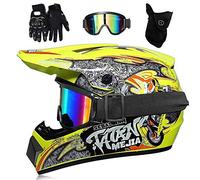 Gioventù Bambini MTB Casco da Motocross, con Occhiali Guanti Maschera, Integrale Fuori Strada Corse Moto MX ATV Scooter Casco, Sport Estremi Discesa Enduro Quad Bici da Cross Caschi(Yellow,XL/58-59CM)