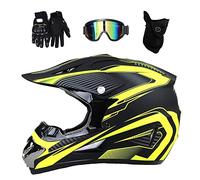 Gioventù Bambino Casco da Motocross, Unisex Integrale Fuori Strada Strada Corsa MTB Casco da Moto, Discesa Enduro ATV BMX Bici da Cross Incidente Casco, con Occhiali Guanti Maschera(Yellow,S/52-53CM)