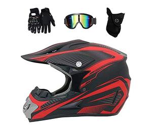 Gioventù Bambino Casco da Motocross, Unisex Integrale Fuori Strada Strada Corsa MTB Casco da Moto, Discesa Enduro ATV BMX Bici da Cross Incidente Casco, con Occhiali Guanti Maschera(Red,M/54-55CM)