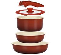 GiPP 5 Pezzi Set Di Padelle Con Rivestimento Ceramico Antiaderente, Set Di Padelle E Pentole Con Manici Staccabili, Atossiche Compatibili Con Induzione, Forno E Lavastoviglie, Sfumatura Rossa