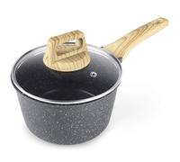 GiPP Casseruola da 16 cm, piccola casseruola a induzione, con coperchio, rivestimento antiaderente in granito, manico in legno, pentola da 16 cm, per induzione, senza PFOA (grigio, 16cm)