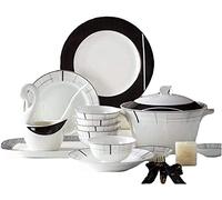 GIQKDZNUO Elegante Set di Piatti per Ristorante e casa, Set da tavola, Set di stoviglie in Porcellana da 66 Pezzi, Combinazione di stoviglie Moderne in Bianco e Nero smaltate, Adatte per 10 Persone.