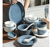 GIQKDZNUO Set da tavola in Ceramica, Set da 40 Pezzi di stoviglie in Porcellana con Motivo Verticale retrò per Feste in Famiglia, Ciotole per Cereali e Piatti da Bistecca