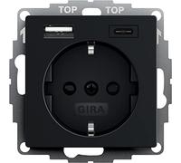 Gira 2459005 - Presa Schuko con connettore USB, con protezione da contatto, 2 prese tipo A (max.2,4 A), tipo C(max.3 A, sistema 55, colore: Nero opaco Up, presa da parete per smartphone, tablet, 32 mm