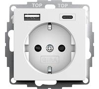 Gira 245927 - Presa Schuko con connettore USB, con protezione da contatto, 2 prese tipo A (max.2,4 A), tipo C(max.3 A, sistema 55, bianco puro, opaco, da incasso, presa da parete per smartphone,