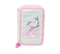 Girabrilla Puffer Astuccio Unicorno a 3 Scomparti da Scuola, per Bambini, Effetto Piumino, colore Rosa
