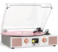 Giradischi desktop con display LCD a colori, Bluetooth e USB, giradischi vintage in vinile con trasmissione a cinghia a 3 velocità con altoparlanti integrati, centro musicale decorativo bianco e oro