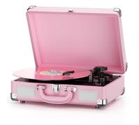 Giradischi in vinile Bluetooth a 3 velocità portatile vintage valigia con altoparlanti integrati, RCA Line Out AUX in cuffia jack vintage giradischi, rosa