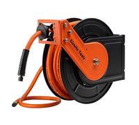 Giraffe Tools Avvolgitubo retrattile da 15 m + 1 m, tubo flessibile ibrido da 3/8", bobina pneumatica in acciaio resistente con attacco rapido da 1/4"