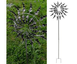 Girandola a vento 3D, 16 ali, colore nero, effetto metallico, Ø 30 x 100 cm, in ferro, con picchetto per la decorazione del giardino