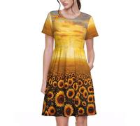 Girasole Campo Tramonto Mare di Fiori Stampa Versatile Abbigliamento Quotidiano Abiti Da Donna Casual Abito Estivo Con Maniche Corte Girocollo, Nero , L