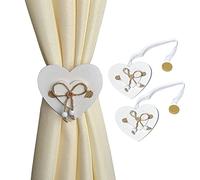 GIRASOLE HOME 2 Fermatende Magnetici Bianchi in Legno a Forma di Cuore Stile Shabby Chic 2 Pezzi con Cordino in Organza per Tendine e Tende Leggere (Cuore, Bianco)