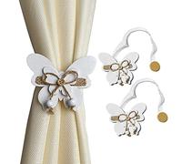 GIRASOLE HOME 2 Fermatende Magnetici Bianchi in Legno a Forma di Farfalla Stile Shabby Chic 2 Pezzi con Cordino in Organza per Tende Leggere e Tendine (Farfalla, Bianco)