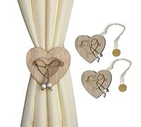 Girasole Home 2 Fermatende Magnetici in Legno a Forma di Cuore Stile Shabby Chic 2 Pezzi con Cordino in Organza per Tende Leggere e Tendine (Cuore, Naturale)