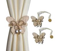 GIRASOLE HOME 2 Fermatende Magnetici in Legno a Forma di Farfalla Stile Shabby Chic 2 Pezzi con Cordino in Organza per Tende Leggere e Tendine (Farfalla, Naturale)