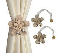 GIRASOLE HOME 2 Fermatende Magnetici in Legno a Forma di Fiore Stile Shabby Chic 2 Pezzi con Cordino in Organza per Tende Leggere e Tendine (Fiore, Naturale)