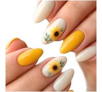Girasole Press On Nails Mandorla Forma Giallo Floreale | Stampa vibrante girasole, base cremosa, silhouette a mandorla, look pastorale fresco, pronto per l'uso quotidiano