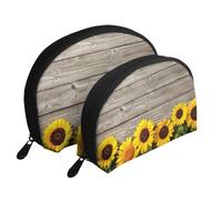 Girasole Su Legno Rustico, Borsa per trucco a conchiglia Portamonete da donna Borsa da toilette piccola Borsa per cosmetici 2 pezzi