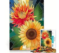 Girasole vibrante e dalia in un puzzle effetto vetrata,1000 pezzi,gioco di costruzione,incastro sicuro,divertimento in casa durante le vacanze (38x52cm)