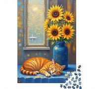 girasoles And Cat Puzzle DIY Da 1000 Pezzi, Per Adulti & Adolescenti, Carta Premium Resistente, Decorazione Murale, Regalo Di Pasqua, Puzzle Decorativo 38x26cm/1000pcs