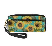 Girasoli D'epoca Su Verde Acqua, Borsa per il trucco Borsa per cosmetici Borsa da viaggio portatile da toilette Astuccio in pelle per donne e ragazze